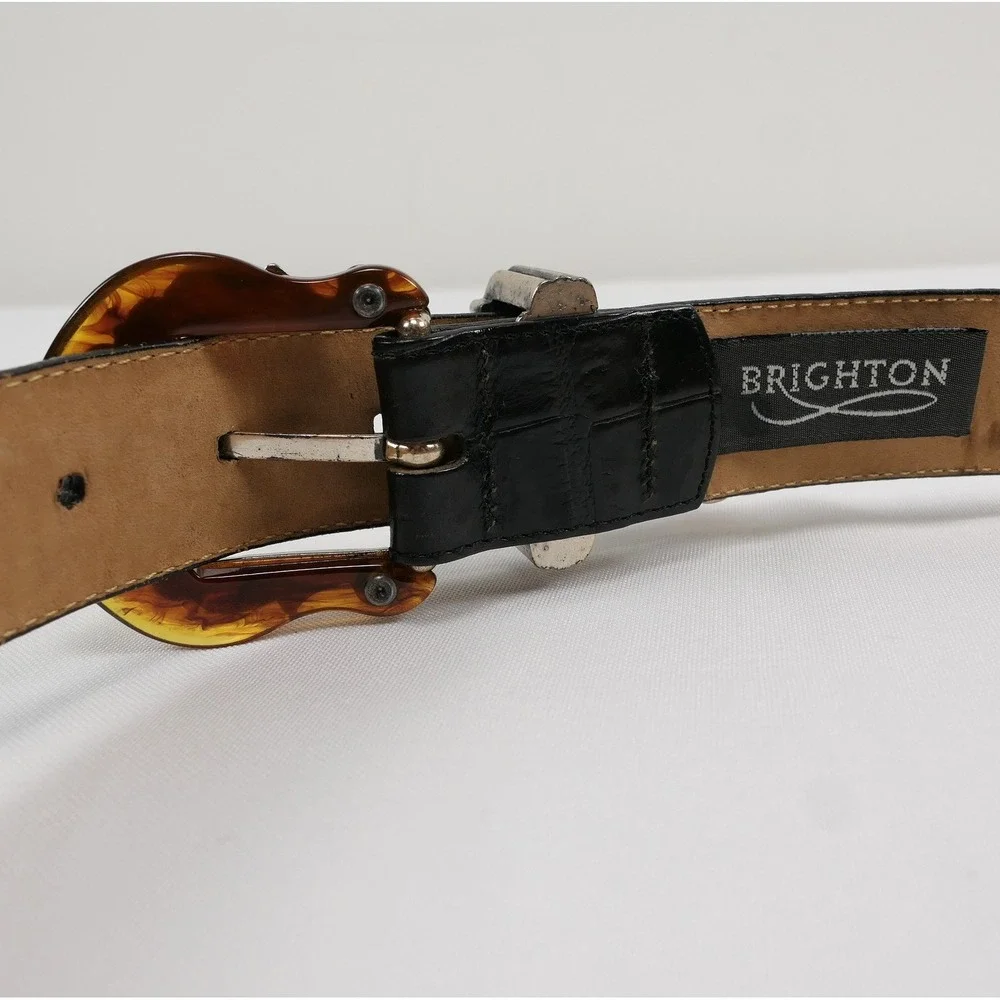 VTG Brighton Black Leather Croc Belt Amber Inlay Embossed Silver Buckle '96‎ USA